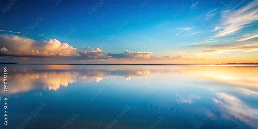 Fototapeta premium Serene landscape, calm waters, simple composition: soft light, clean lines reveal subtle beauty in high-resolution digital art.