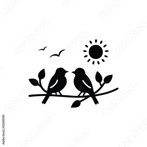 bird, tree, illustration, vector, animal, branch, birds, cartoon, nature, cute, design, drawing, silhouette, flower, spring, love, nest, beak, winter, wildlife, art, black, fly, bullfinch