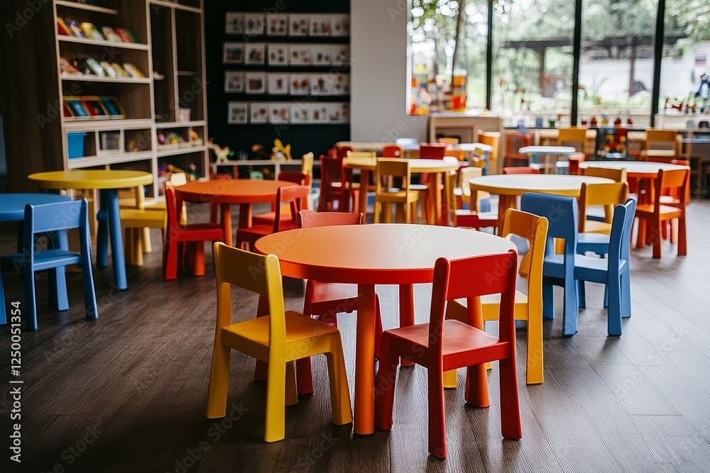 Empty children's classroom with colorful chairs and tables, natural light, educational toys, early childhood education, nursery school environment, playful decor, modern furniture, vibrant colors, che Empty children's classroom with colorful chairs and tables, natural light, educational toys, early childhood education, nursery school environment, playful decor, modern furniture, vibrant colors, che