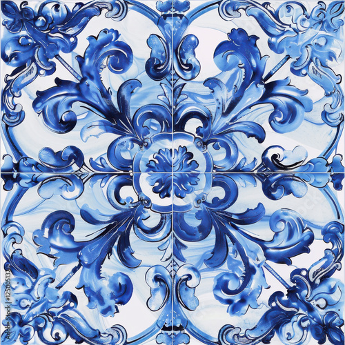 Beautiful blue and white tile pattern featuring intricate floral designs and swirls, perfect for adding elegance to any space