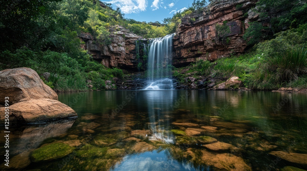 Obraz premium Waterfall cascading into tranquil pool, lush greenery, sunny sky, nature backdrop; travel, tourism