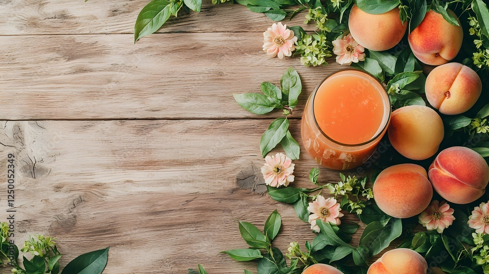 Fototapeta premium A bountiful display of freshly picked oranges and peaches nestled amongst lush green leaves and delicate flowers resting atop a rustic wooden table