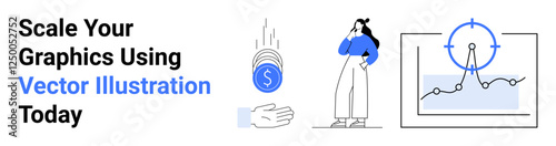 Woman pondering graphics, falling coins into hand, and chart targeting advancements. Ideal for marketing, business, design tools, creative services, data growth, finance flat landing page banner