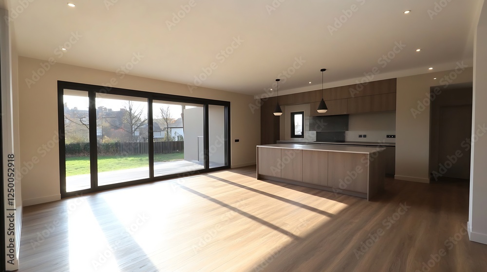 Fototapeta premium Modern and Spacious Living Room Interior Design with Open Plan Kitchen : Generative AI