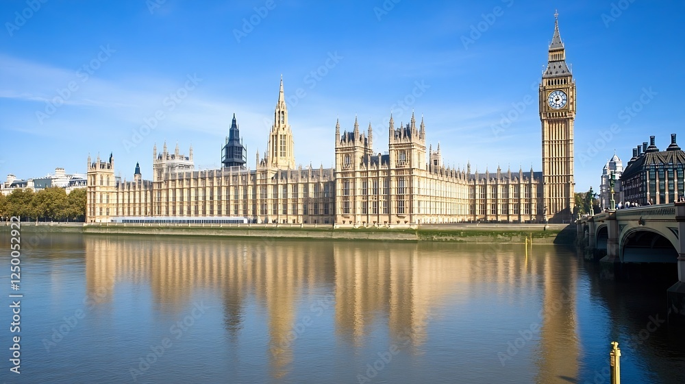 Iconic View of the Houses of Parliament and Big Ben Beside the River Thames : Generative AI Iconic View of the Houses of Parliament and Big Ben Beside the River Thames : Generative AI