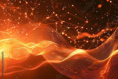 Sleek abstract background in bright orange, featuring glowing digital connections and fluid waves.