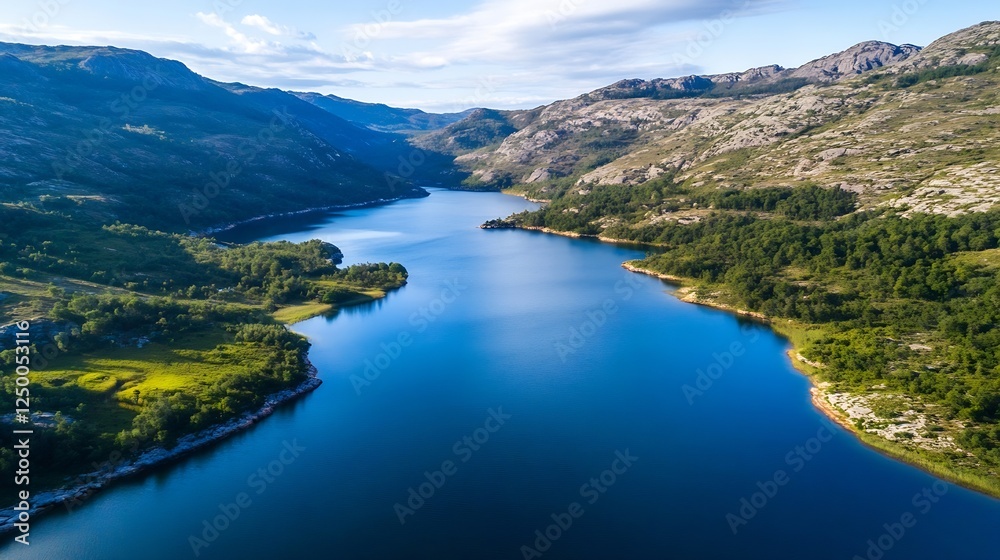 Obraz premium Serene Aerial View of a Scenic Lake Surrounded by Lush Green Mountains and Clear Skies : Generative AI