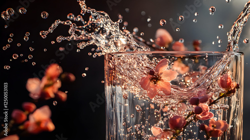 Sparkling water splashes around a translucent glass tumbler photo