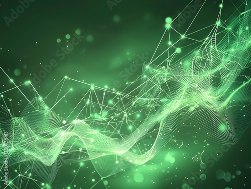 Soft green abstract background with glowing digital connections and wave patterns, ideal for tech themes.