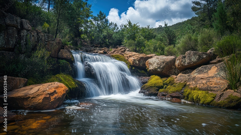 Fototapeta premium Serene waterfall cascading over rocks, lush greenery background; nature serenity