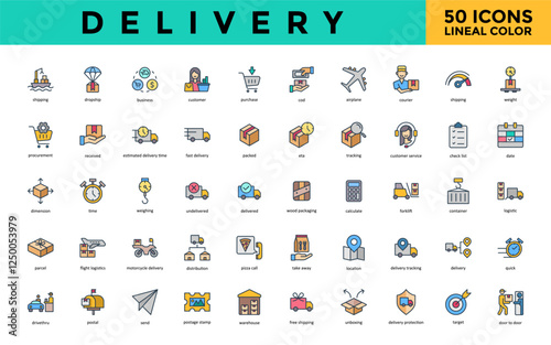 Delivery icon set with shipping, dropship, business, customer, purchase, cod, airplane, courier, weight, procurement icon. Simple lineal color vector 
