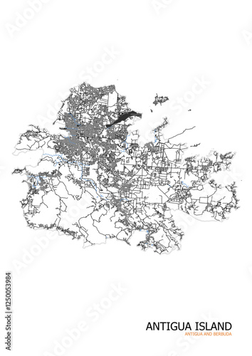 a map of the highway and buildings of the antigua island with a black-and-white theme