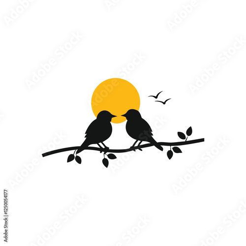 Valentine Day Love bird, tree, vector, illustration, branch, birds, nature, cartoon, spring, animal, cute, love, design, silhouette, art, leaf, animals, drawing, card, flower, wing, decoration