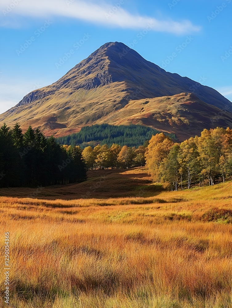 Obraz premium Stunning autumn landscape with a majestic mountain backdrop and vibrant golden grass fields : Generative AI