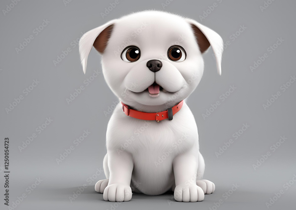 Adorable 3D Rendered White Puppy with Red Collar Sitting Cute Cartoon Dog