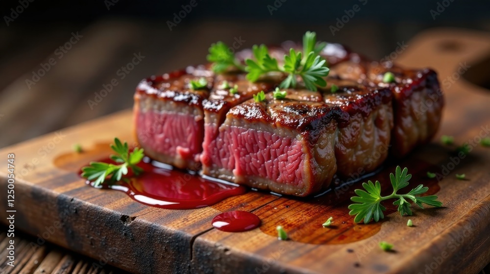 Delicious Grilled Steak Slices with Red Wine Reduction Sauce on Wooden Board Delicious Grilled Steak Slices with Red Wine Reduction Sauce on Wooden Board