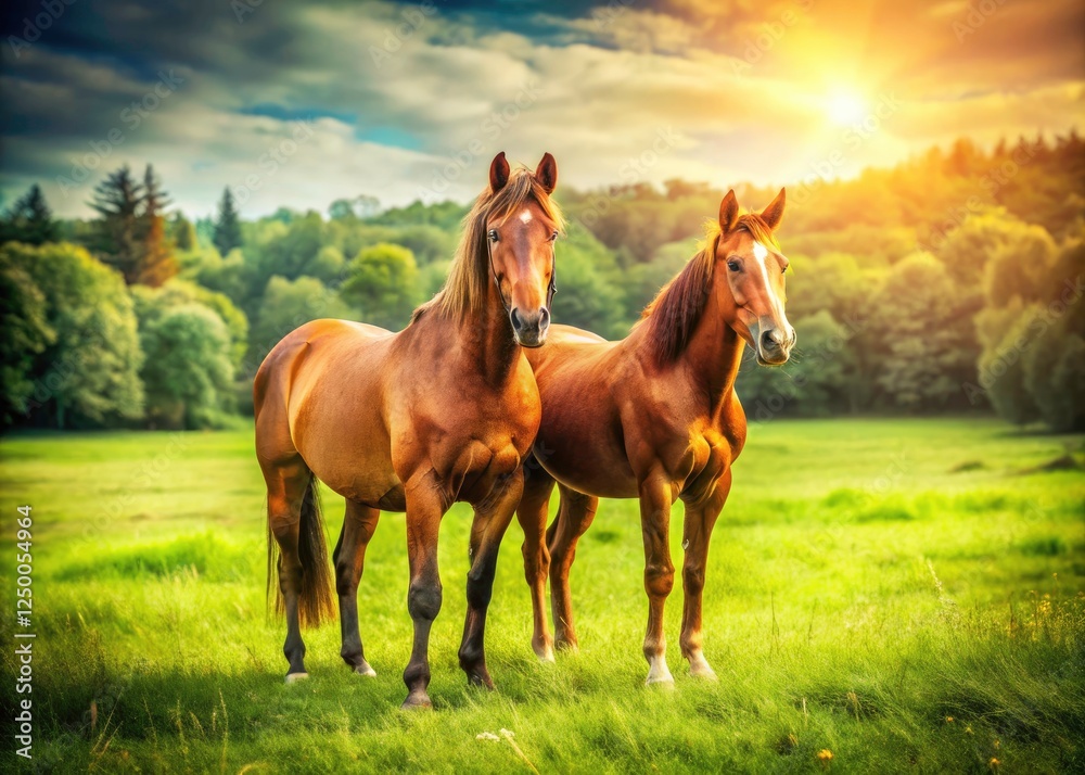 Sun-drenched pasture, two brown horses stand, a classic equestrian scene captured in vintage photography. Sun-drenched pasture, two brown horses stand, a classic equestrian scene captured in vintage photography.