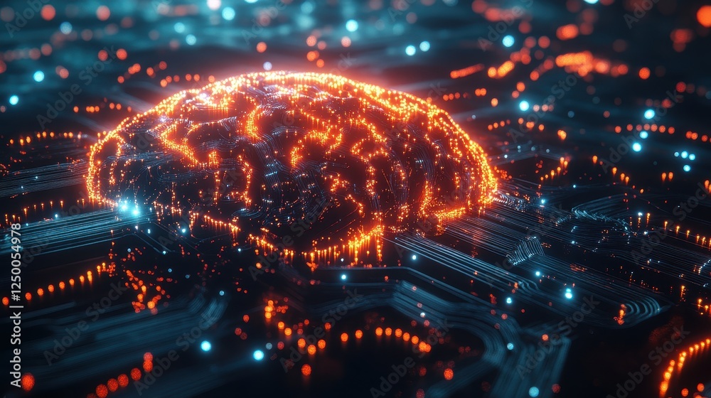 Fototapeta premium A digital brain glowing with interconnected neural links and AI symbols, showing the integration of artificial intelligence with cognitive processes in a modern