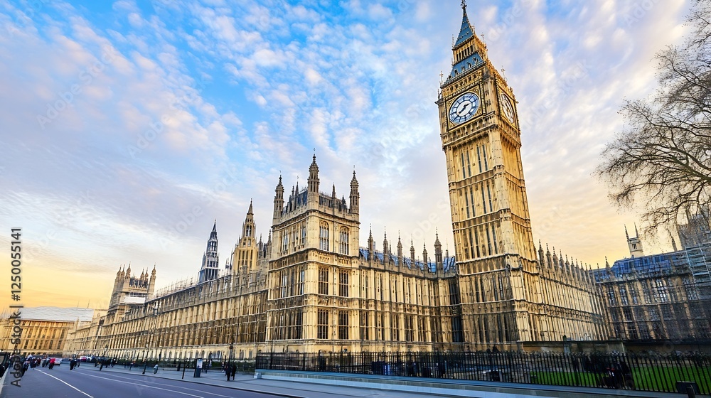 Fototapeta premium Iconic Big Ben in London Under Beautiful Golden Sunset Sky : Generative AI