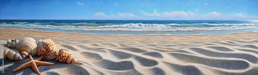 Seashells and starfish on a sandy beach with ocean waves. Seashells and starfish on a sandy beach with ocean waves.