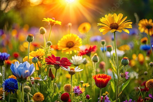 Sun-drenched wildflowers explode with color in this high-resolution macro photograph. photo