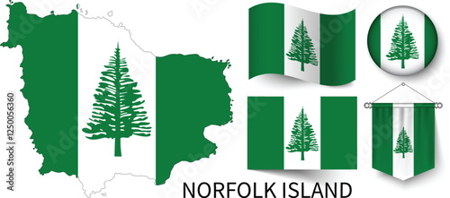 The different designs of Norfolk Island's national flags and the map showing Norfolk Island's borders