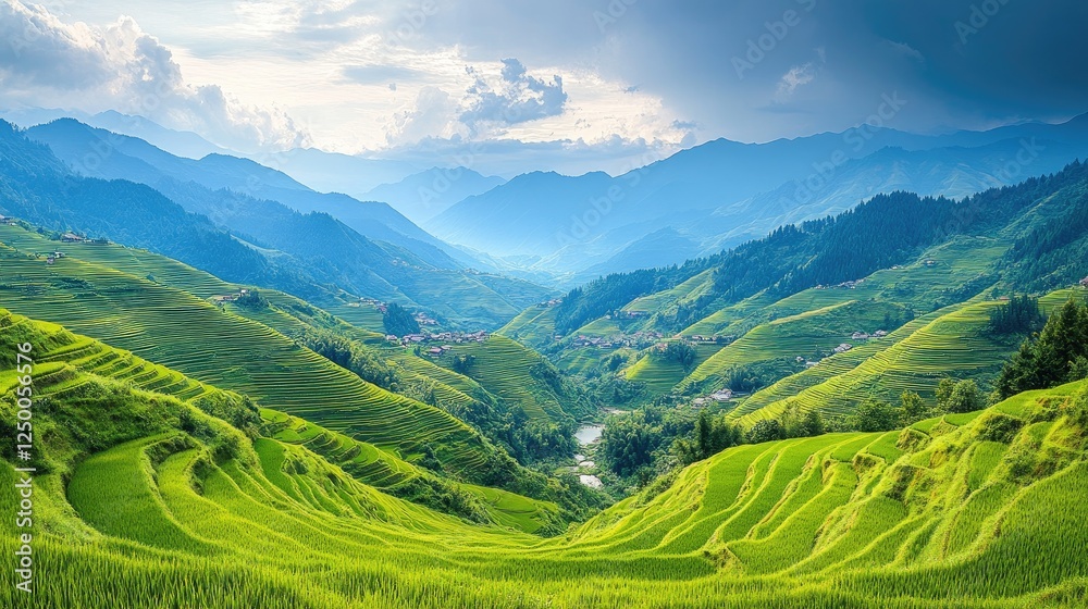 Fototapeta premium Lush Green Terraced Rice Fields Under Dramatic Sky in Mountainous Landscape at Dusk