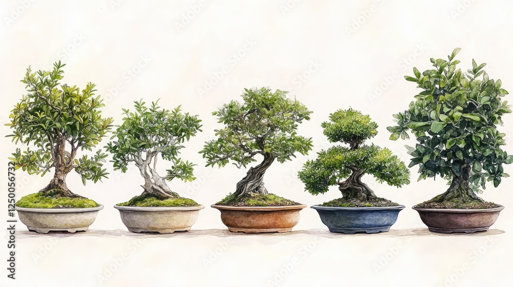 Five distinct bonsai trees in varying styles and sizes, showcasing their unique shapes and textures Five distinct bonsai trees in varying styles and sizes, showcasing their unique shapes and textures