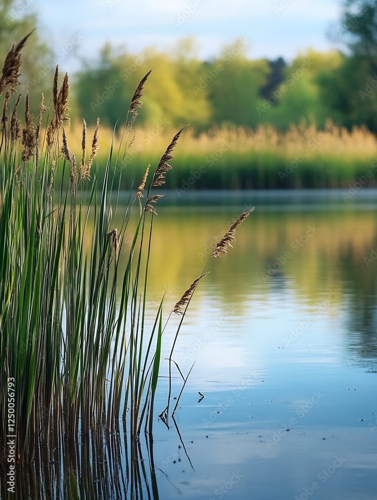 Obraz premium Serene Pond Landscape with Tall Reeds Reflecting in Calm Water : Generative AI