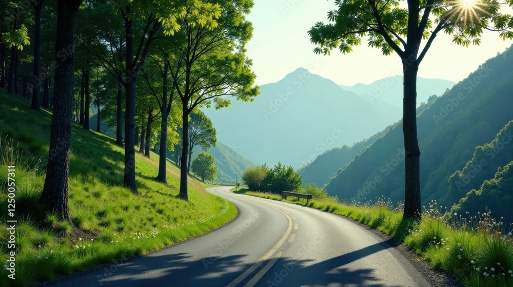 Serene Winding Road Through Lush Green Foliage and Gentle Mountain Slopes Under a Bright Sunny Sky Serene Winding Road Through Lush Green Foliage and Gentle Mountain Slopes Under a Bright Sunny Sky