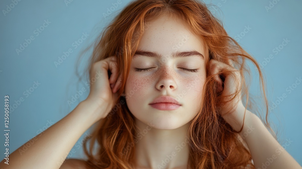 Close-up portrait of a serene redhead woman with eyes closed, hands gently touching her hair. Close-up portrait of a serene redhead woman with eyes closed, hands gently touching her hair.
