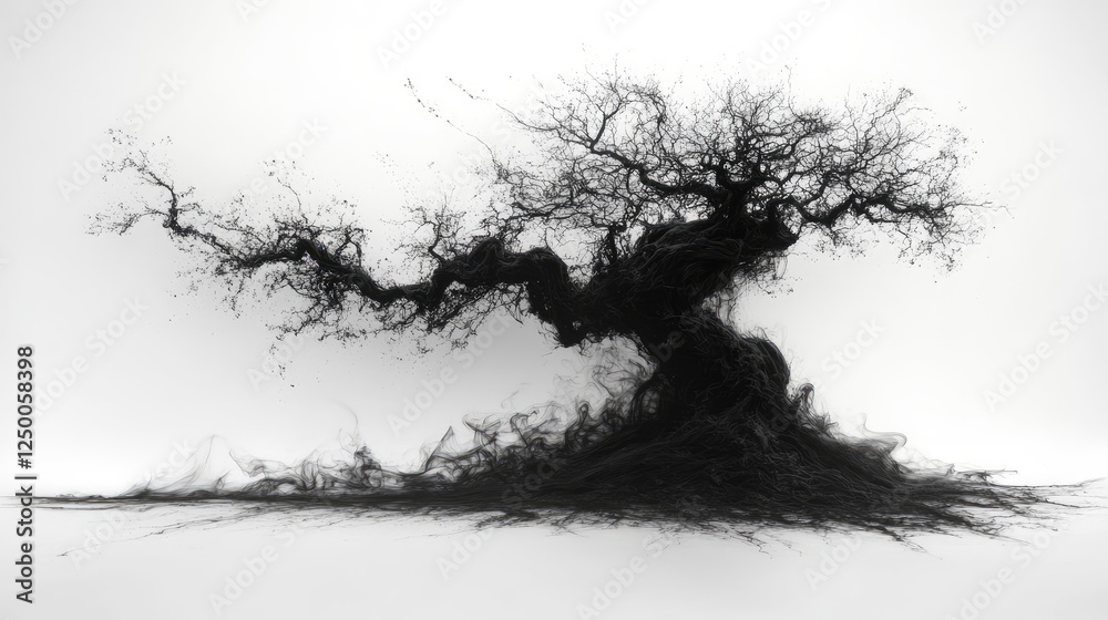 Abstract representation of a twisted tree with flowing black forms against a white background Abstract representation of a twisted tree with flowing black forms against a white background
