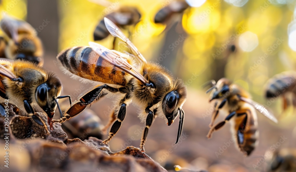 Bees swarming and flying around their beehive, showcasing their busy nature and teamwork in vibrant environment Bees swarming and flying around their beehive, showcasing their busy nature and teamwork in vibrant environment