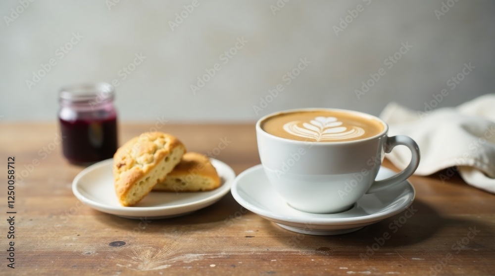 Aromatic Coffee with Exquisite Latte Art Served with Delicious Pastries and Sweet Preserve Aromatic Coffee with Exquisite Latte Art Served with Delicious Pastries and Sweet Preserve