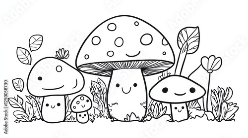 Happy mushrooms in a forest clearing, coloring page