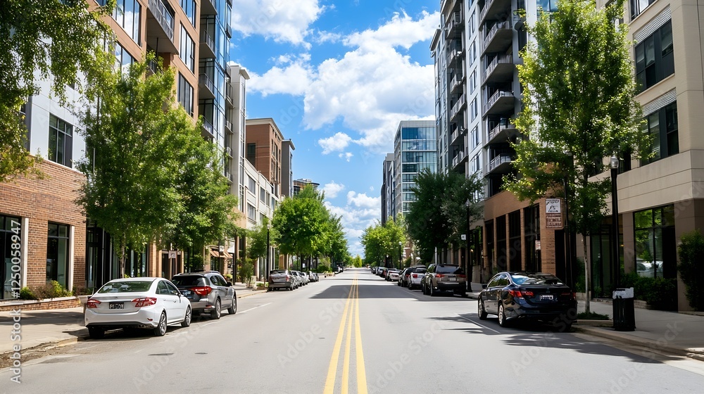 Obraz premium Urban Street Scene with Modern Buildings and Blue Sky on a Bright Day : Generative AI
