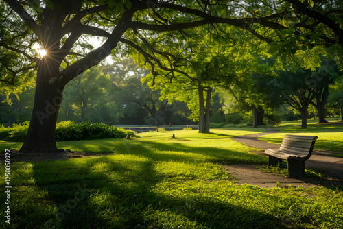 Tranquil and Sunlit Park Path with Lush Foliage, Serene Benches, and Reflective Pond: The Ultimate Quiet Retreat photo