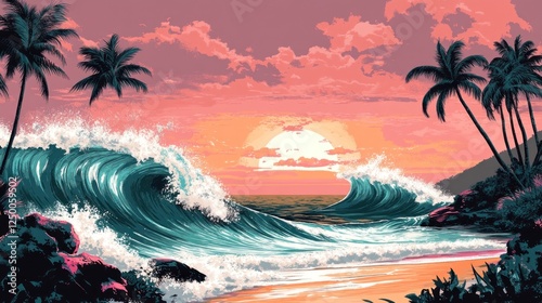 Pixelated Paradise: Tropical Beach Sunset with Palm Trees and Crashing Waves