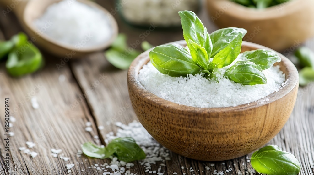 Fresh Basil Leaves and Sea Salt in Rustic Wooden Bowls : Generative AI Fresh Basil Leaves and Sea Salt in Rustic Wooden Bowls : Generative AI