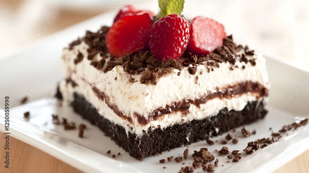 Decadent Chocolate Cake with Fresh Berries and Cream Topping Served on a White Plate : Generative AI Decadent Chocolate Cake with Fresh Berries and Cream Topping Served on a White Plate : Generative AI