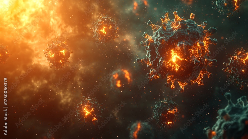 Naklejka premium Burning Virus Particles, Microscopic View