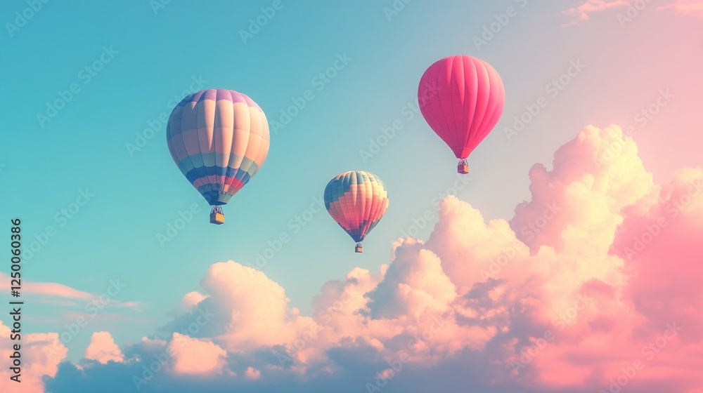 Obraz premium Colorful hot air balloons soar amidst sunset cloudscape