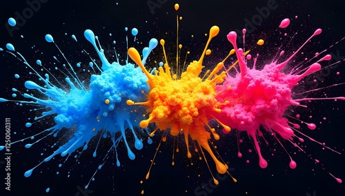 Dazzling neon paint splatters, an intricate mixture of electric blues, hot pinks, and radiant yellows, explode across a profound, velvety black background