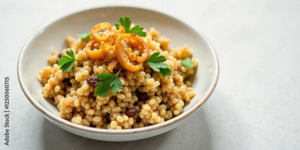 Aromatic Small Pasta Dish with Candied Citrus and Herbs in a Simple Bowl Aromatic Small Pasta Dish with Candied Citrus and Herbs in a Simple Bowl