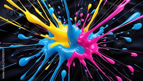 bright neon paint droplets and streaks explosively splattered across a rich, velvety black background