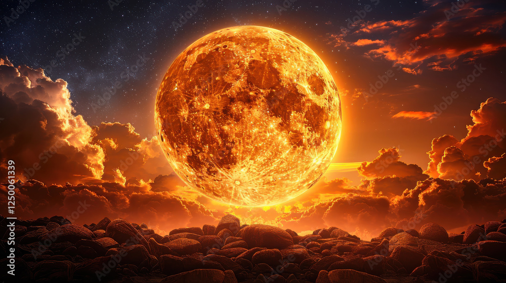 bright and full moon shines in dark night sky, illuminating rocky landscape below. vibrant colors create stunning celestial scene bright and full moon shines in dark night sky, illuminating rocky landscape below. vibrant colors create stunning celestial scene