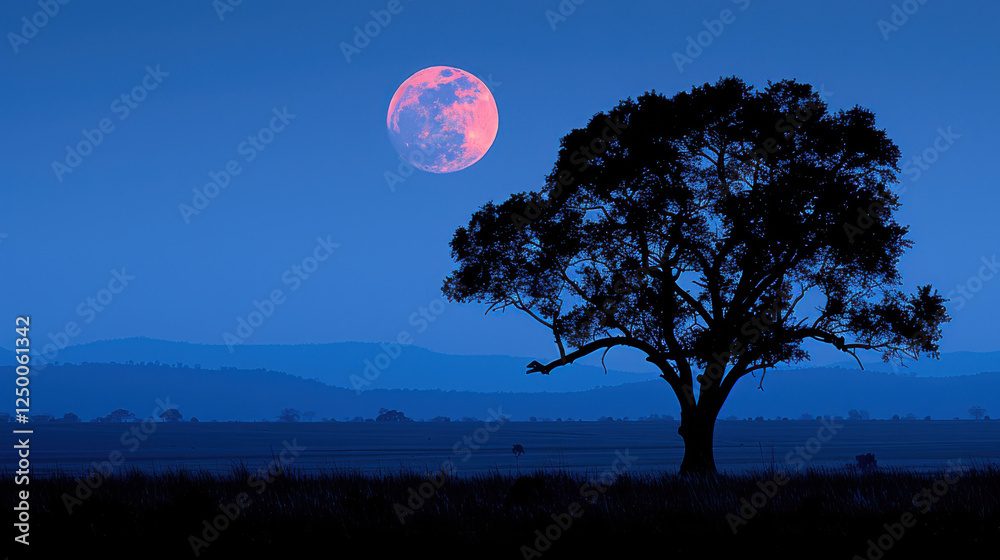 bright and full moon shines in dark night sky, illuminating solitary tree. serene landscape evokes sense of calm and wonder bright and full moon shines in dark night sky, illuminating solitary tree. serene landscape evokes sense of calm and wonder