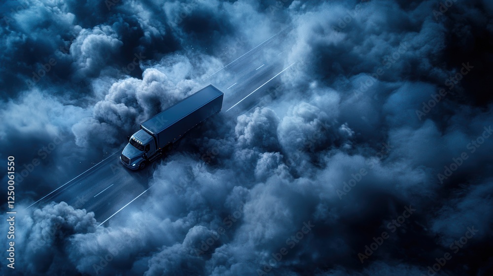Fototapeta premium A truck drives through a dense, foggy landscape, surrounded by thick, swirling clouds, creating a mysterious and dramatic atmosphere.