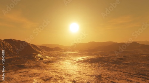 Martian sunset landscape; arid canyon, sunlit dunes, background sky