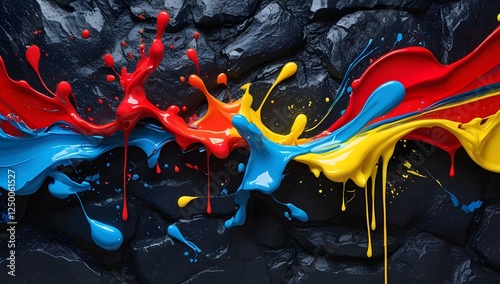 abstract paint drips and splashes dynamically across a dark for background